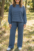 Blue Stripe Long Sleeve Drawstring Waist Plus Size Lounge Pants Set