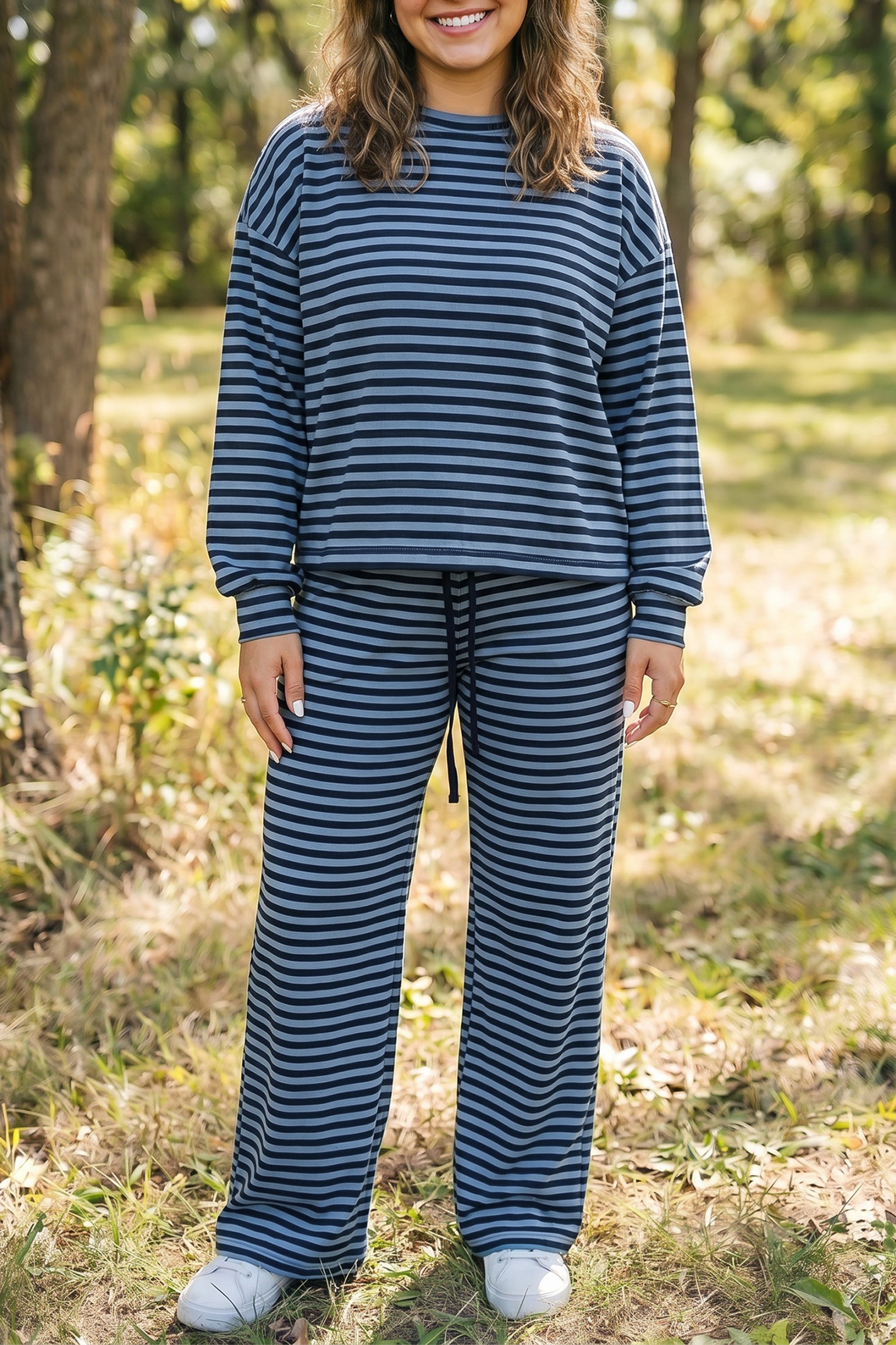 Blue Stripe Long Sleeve Drawstring Waist Plus Size Lounge Pants Set