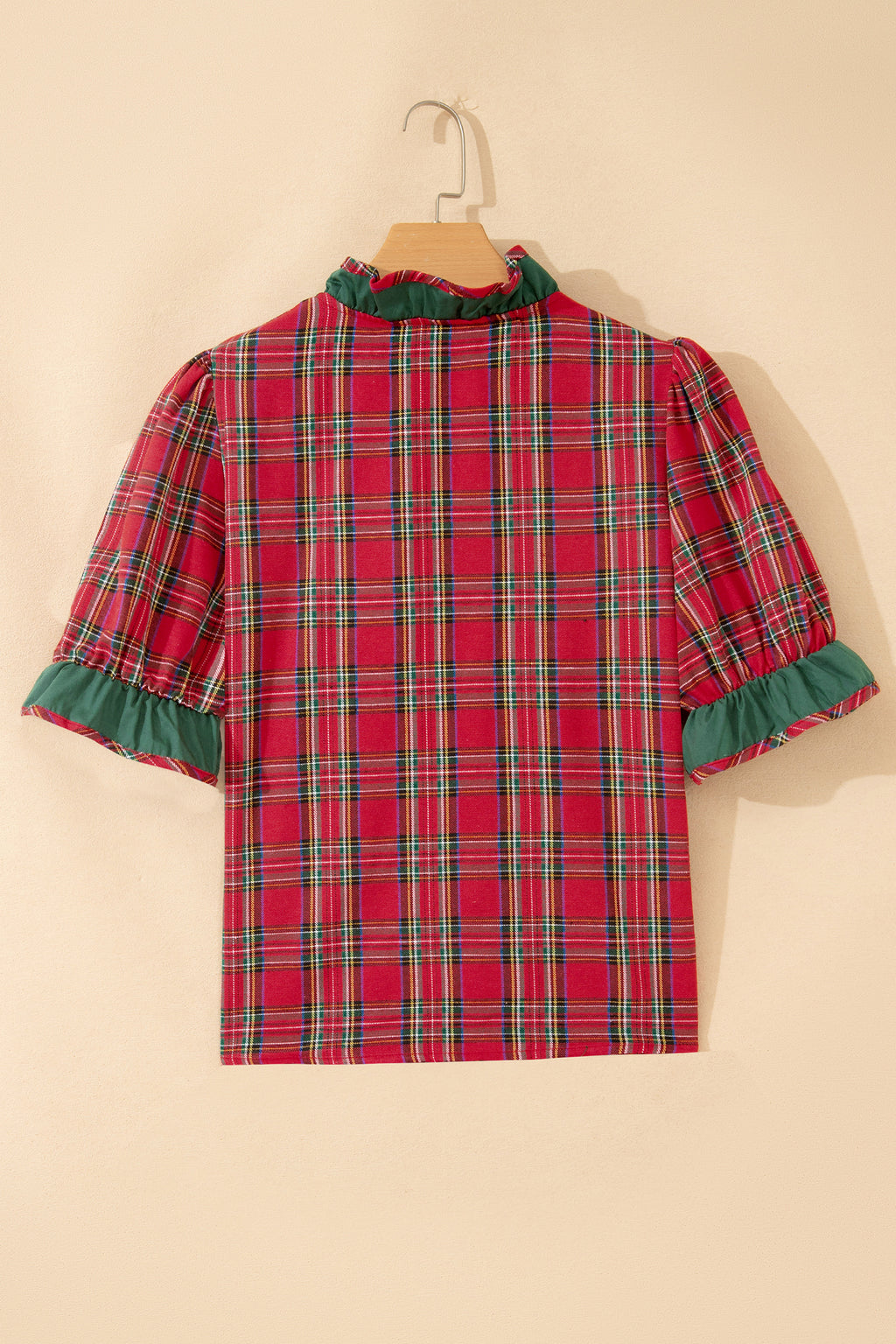 Red Plaid V Neck Ruffle Color Block Trim Short Sleeve Shirt