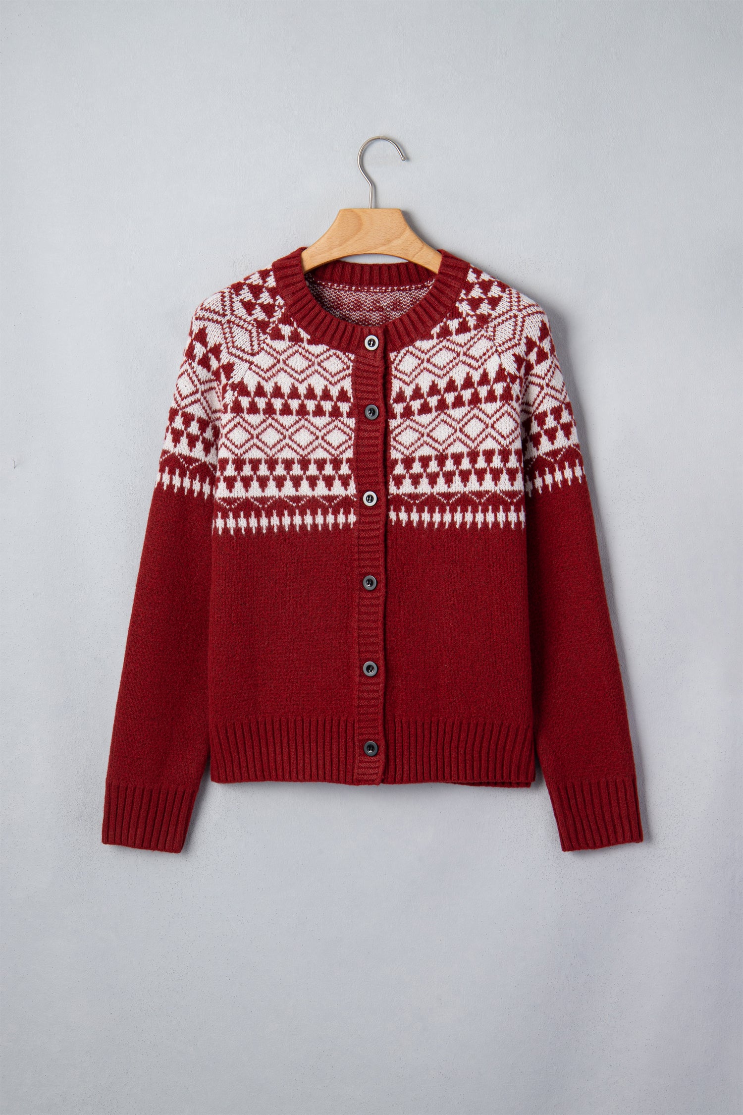 Red Geometric Print Button Front Long Sleeve Knitwear Cardigan