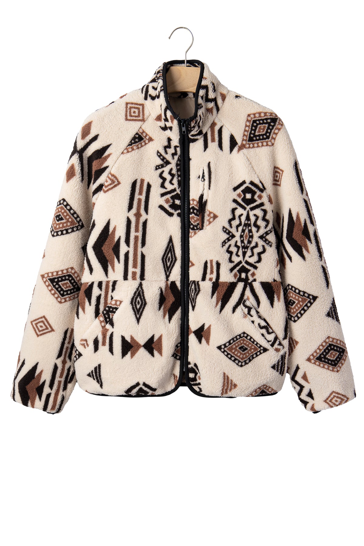 Beige Geometric Print Long Sleeve Shirt Collar Zip-up Placket Binding Tape Jacket