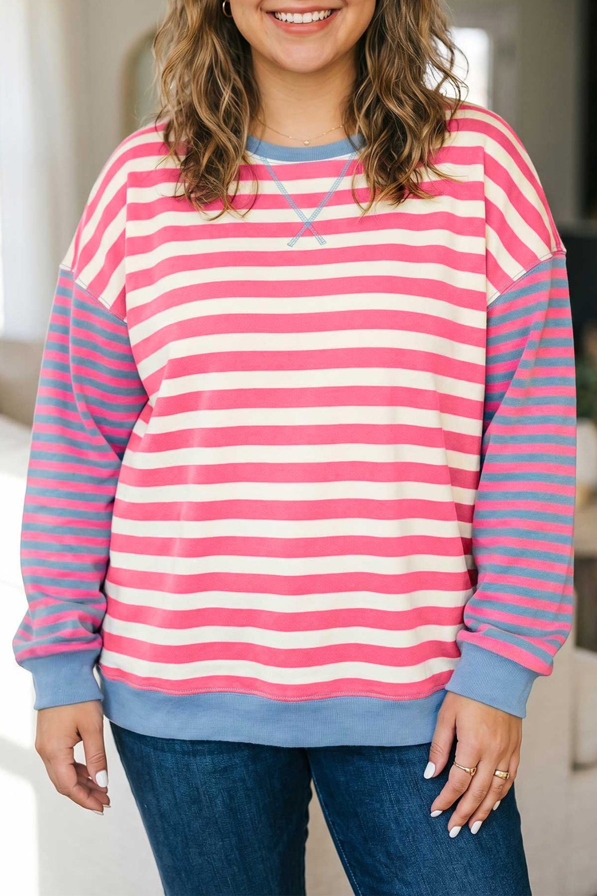 Pink Stripe Colorblock Striped Crewneck Long Sleeve Shift Tunic Plus Size Sweatshirt
