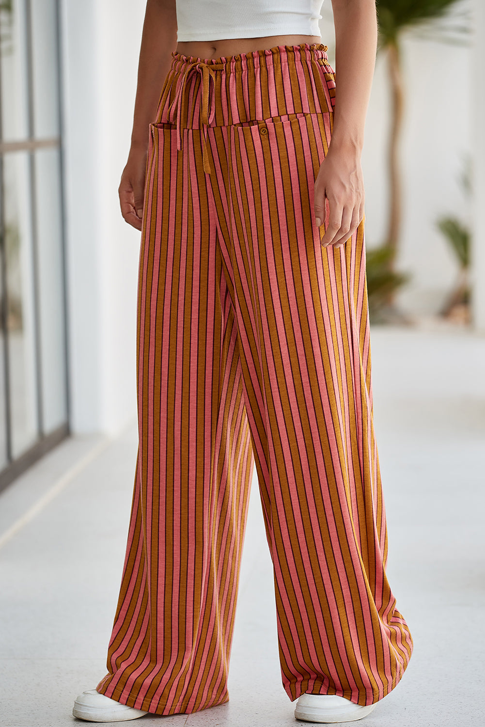 Red Stripe Button Pocket Tie Waist Casual Wide Leg Pants