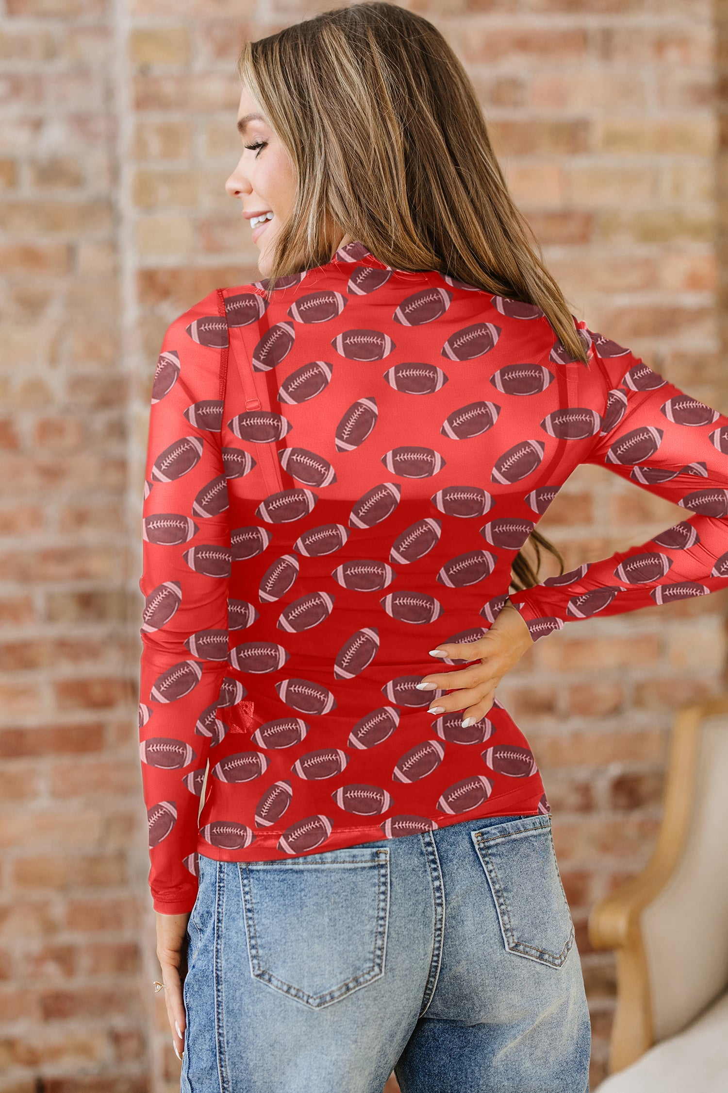 Red Game Day Rugby Mesh Sheer Long Sleeve Top