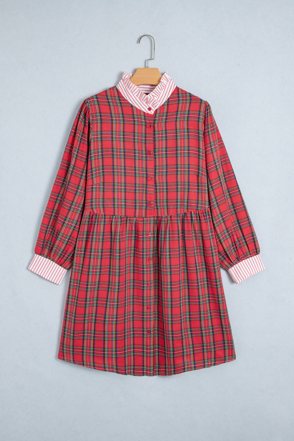 Red Plaid Striped V Neck Collar Cuff Details Shift Plus Size Dress