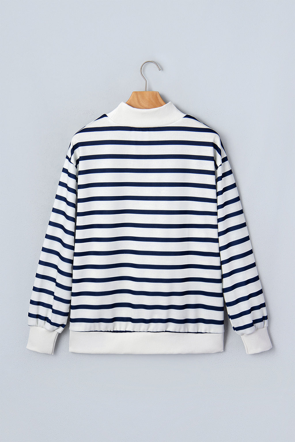 Blue Stripe Striped Stand Neck Long Sleeve Ribbed Cuff Hem Sweatshirt
