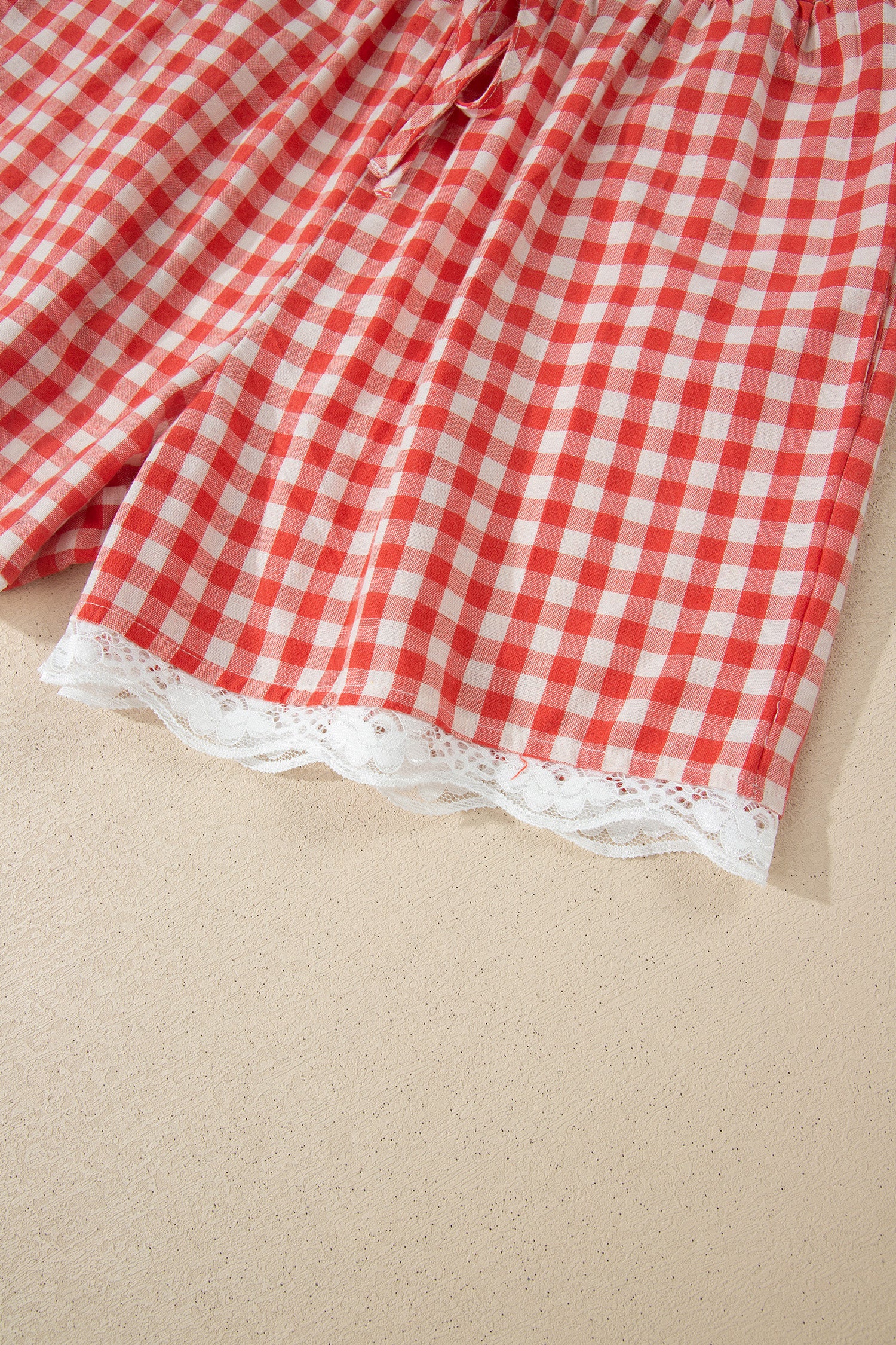 Red Gingham Plaid Tie Elastic Waist Lace Patchwork Hem Casual Shorts
