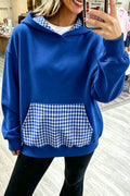 Sky Blue Plaid Patchwork Front Pocket Casual Hoodie
