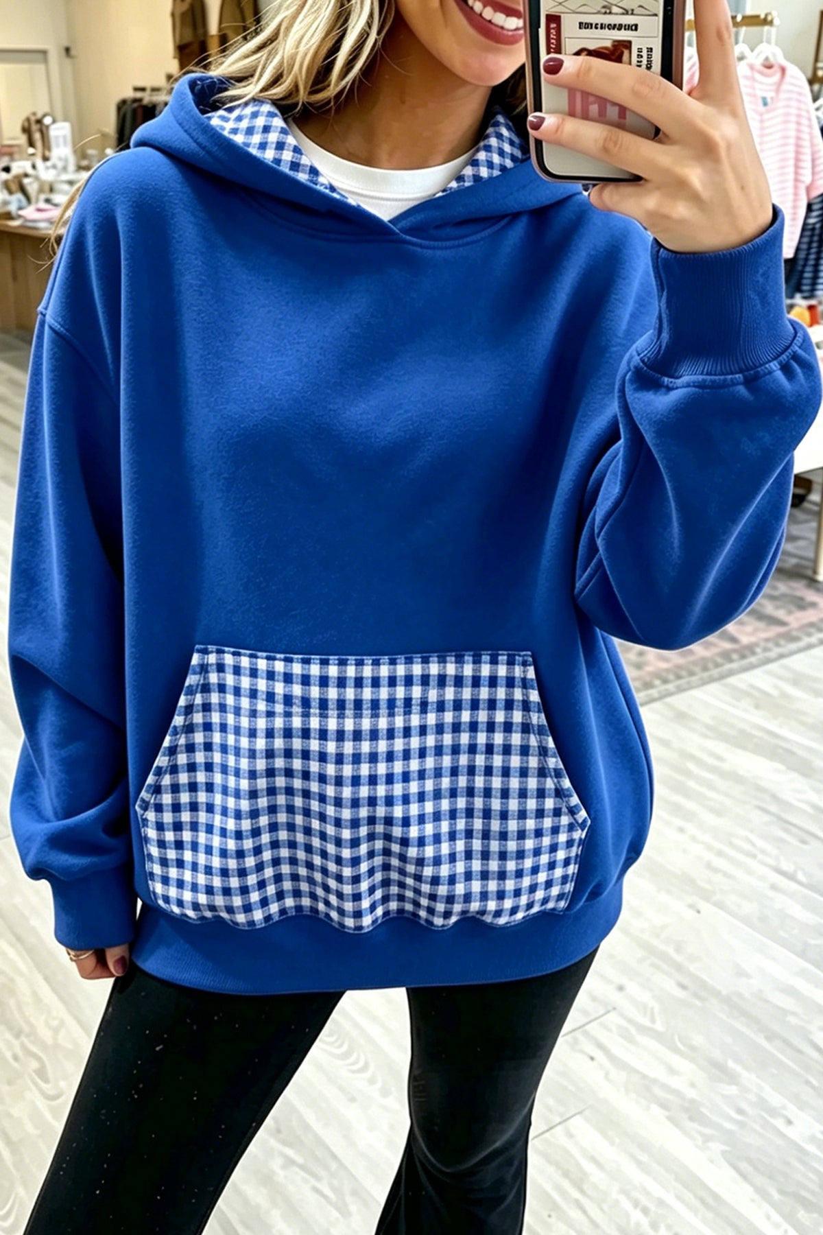 Sky Blue Plaid Patchwork Front Pocket Casual Hoodie