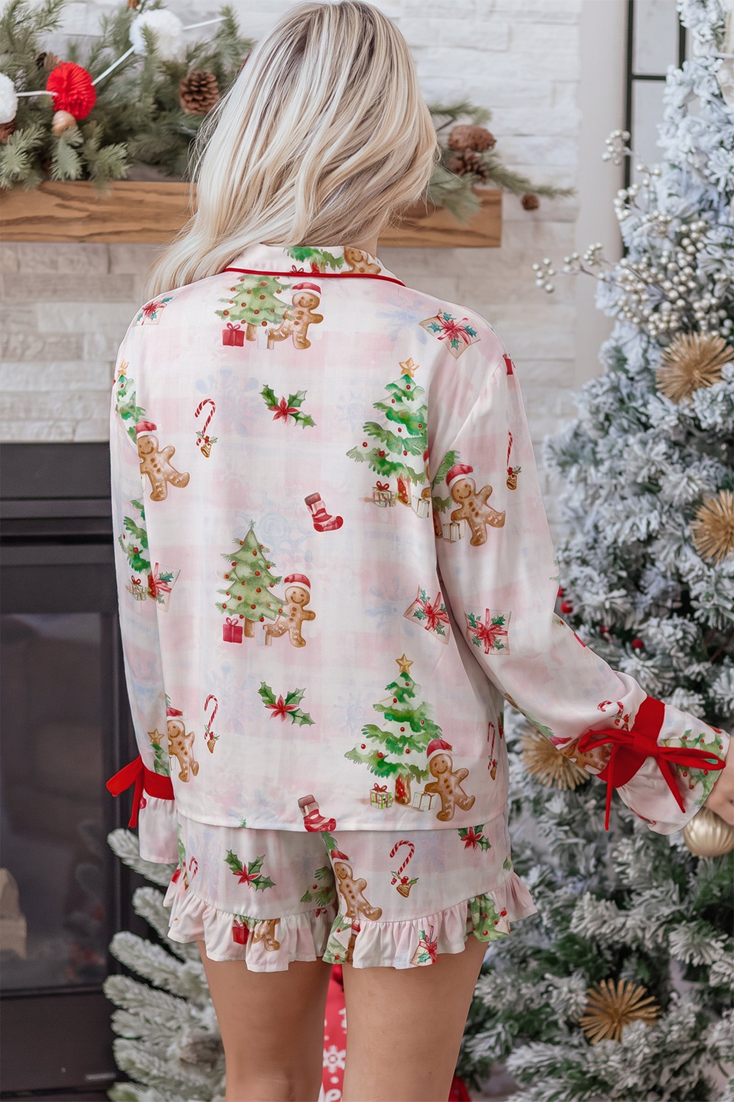 Pink Abstract Christmas Print Long Sleeve Two Piece Shift Lounge Set