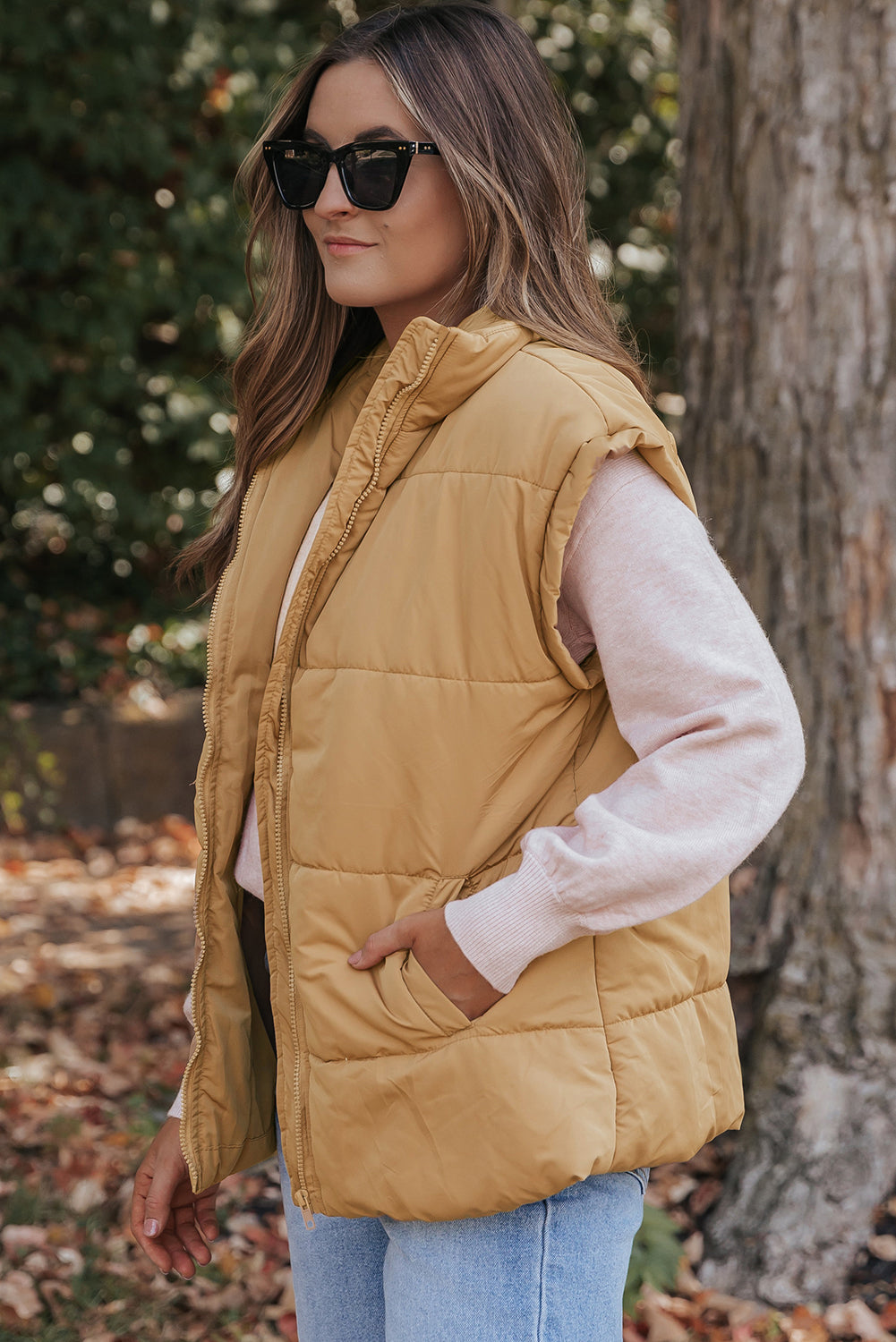 Khaki Oversized Stand Collar Zip Winter Vest