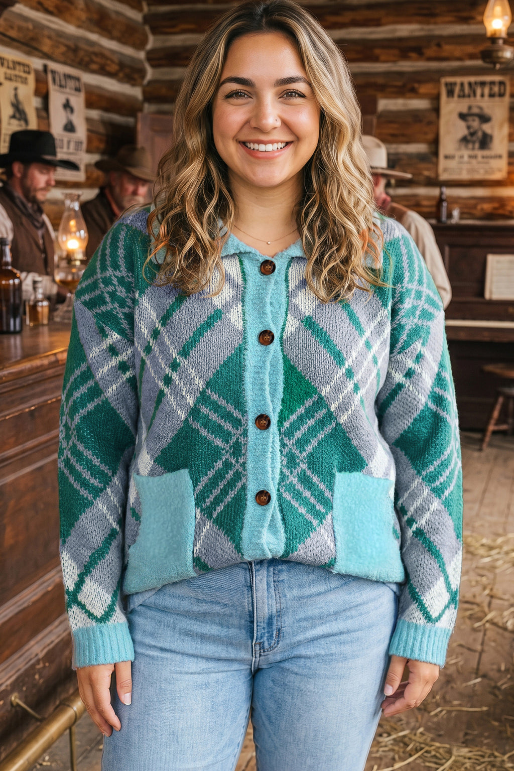 Green Plaid V Neck Long Sleeve Shift Cardigan Sweater