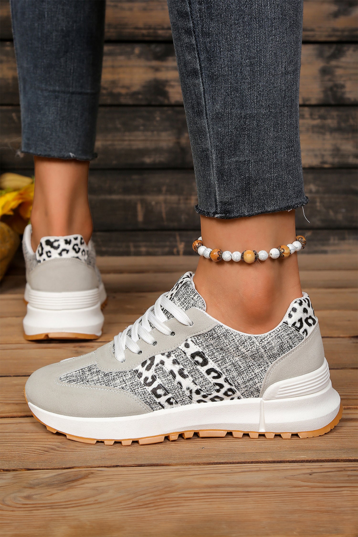 White Mix Texture Patchwork Leopard Detail Lace Up Sneakers