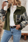 Jungle Green Ribbed Fleece Plaid Print Patchwork Button Up Jacket
