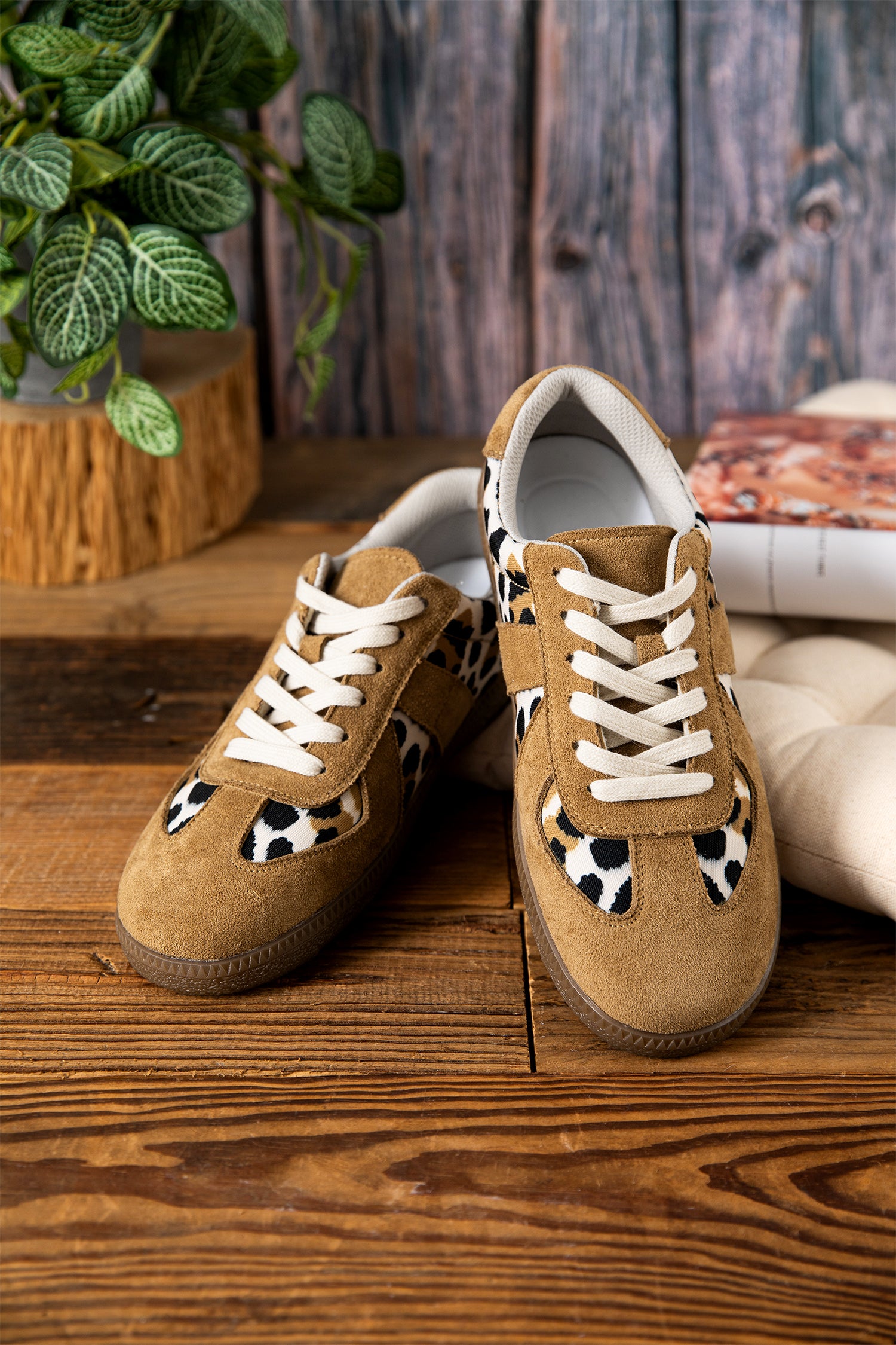 Light French Beige Color Block Leopard Print Patchwork Lace-up Flat Shoes