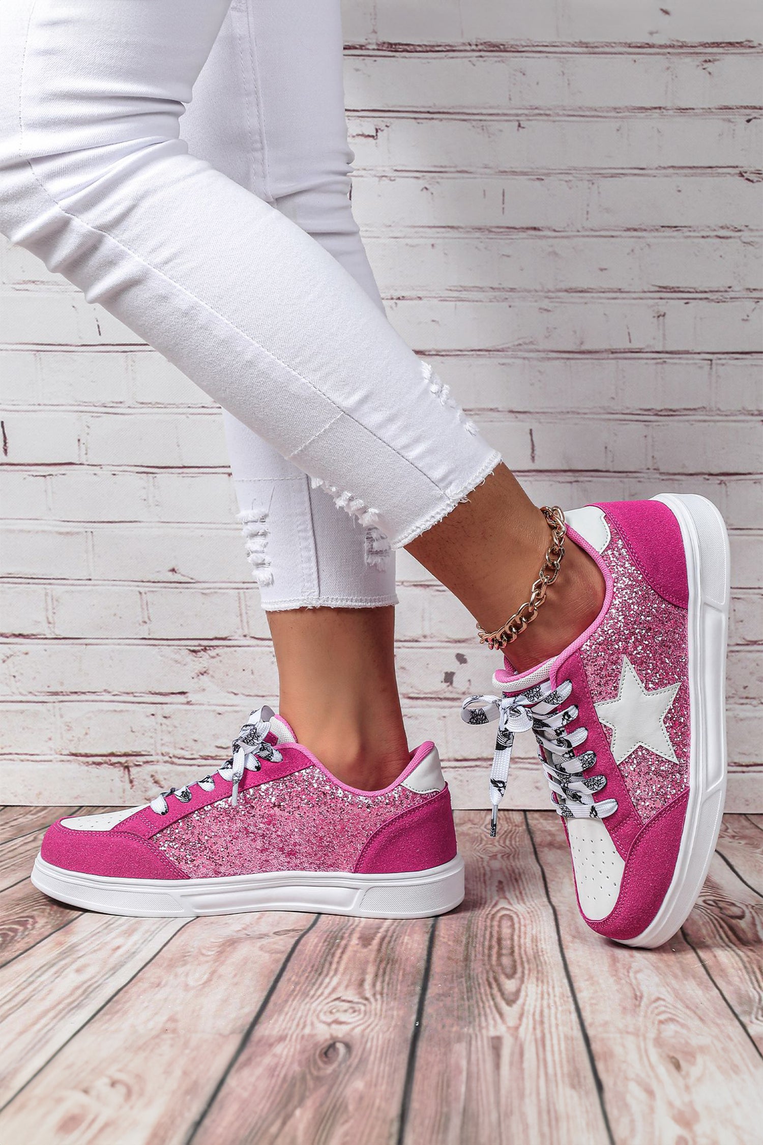 Rose Red Stylish Color Block Glitter Star Patchwork Lace-up Flat Shoes