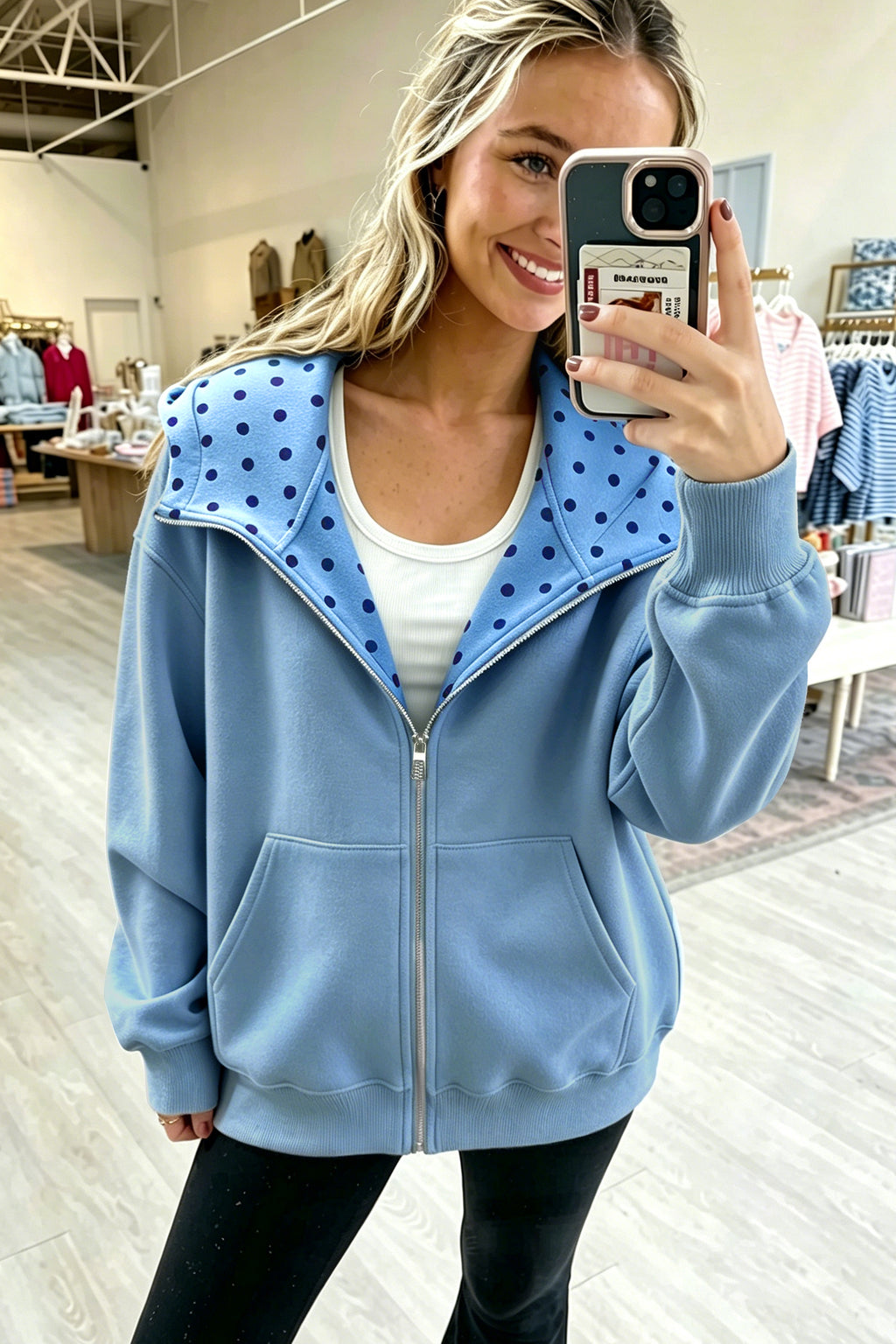 Parchment Polka Dot Hooded Zip-Up Sweatshirt