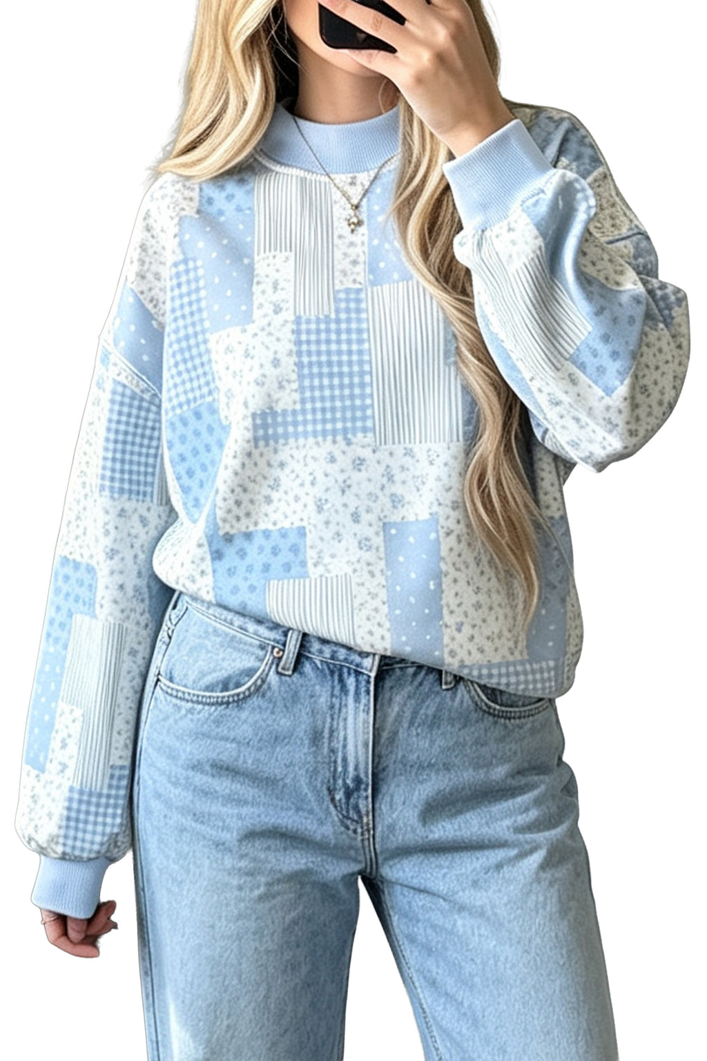 Sky Blue Patchwork Floral Print Mock Neck Long Sleeve Sweatshirt