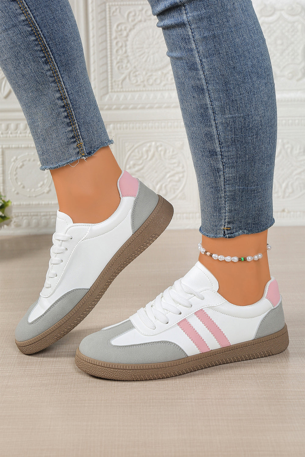 Rose Red Color Block PU Leather Patchwork Lace Up Flat Shoes