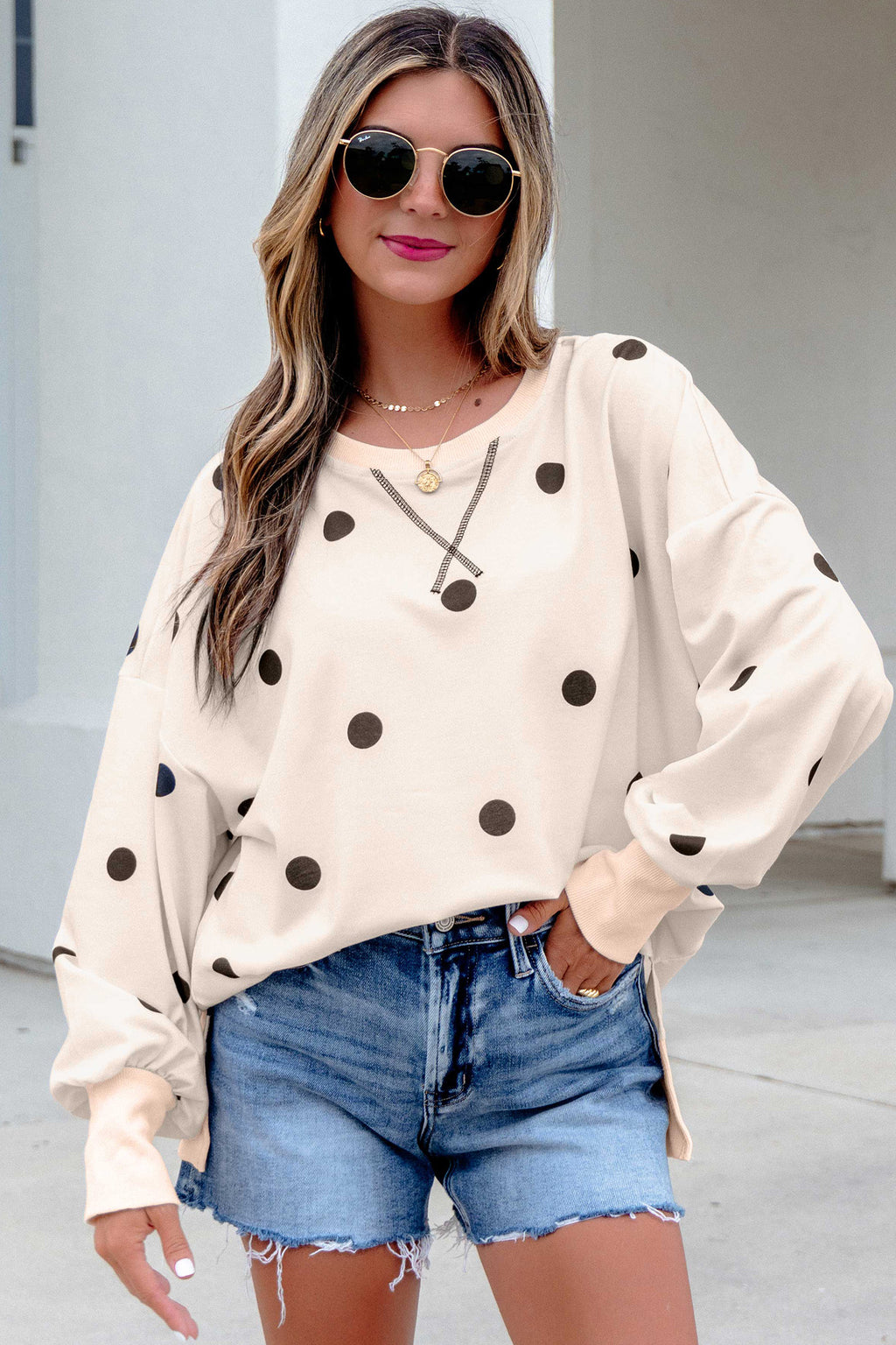 Beige Loose-fit Long Sleeve Round Neck Polka Dot Tunic Sweatshirt