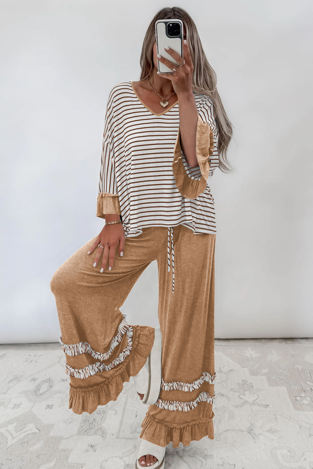Gray Stripe V Neck Ruffle Contrast Sleeve Top Drawstring Pants 2pcs Set
