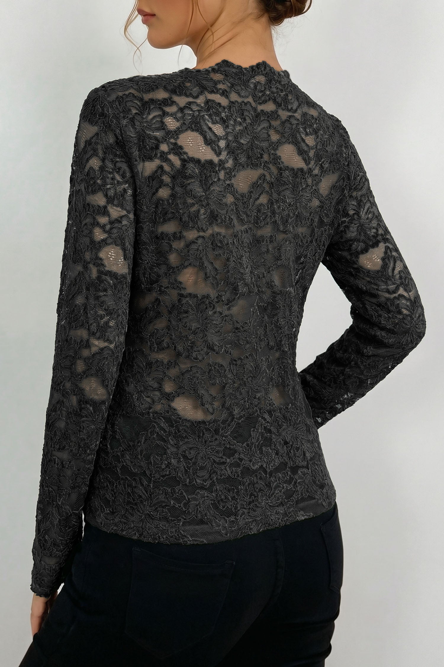 Black Elegant Stand Neck Lace Long Sleeve Top