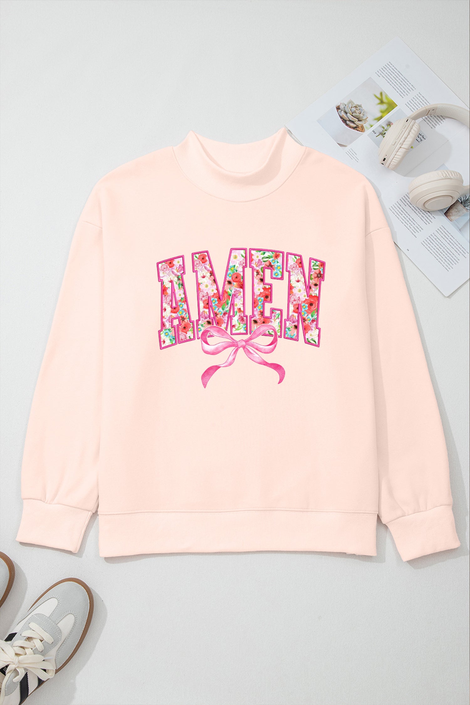 Apricot Pink AMEN Floral Bow Printed Mock Neck Sweatshirt