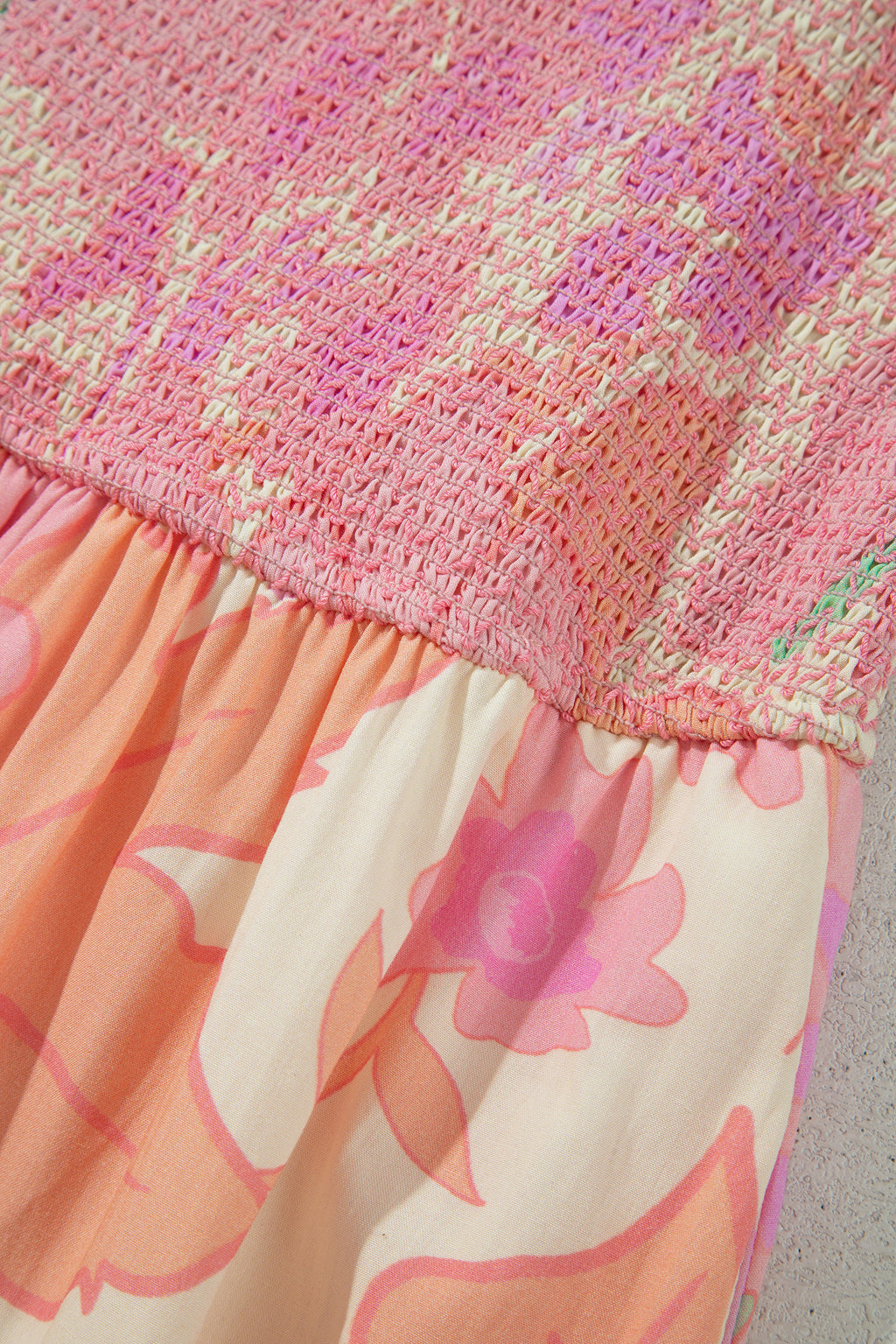 Pink Spaghetti Straps Floral Shirred High Waist Dress