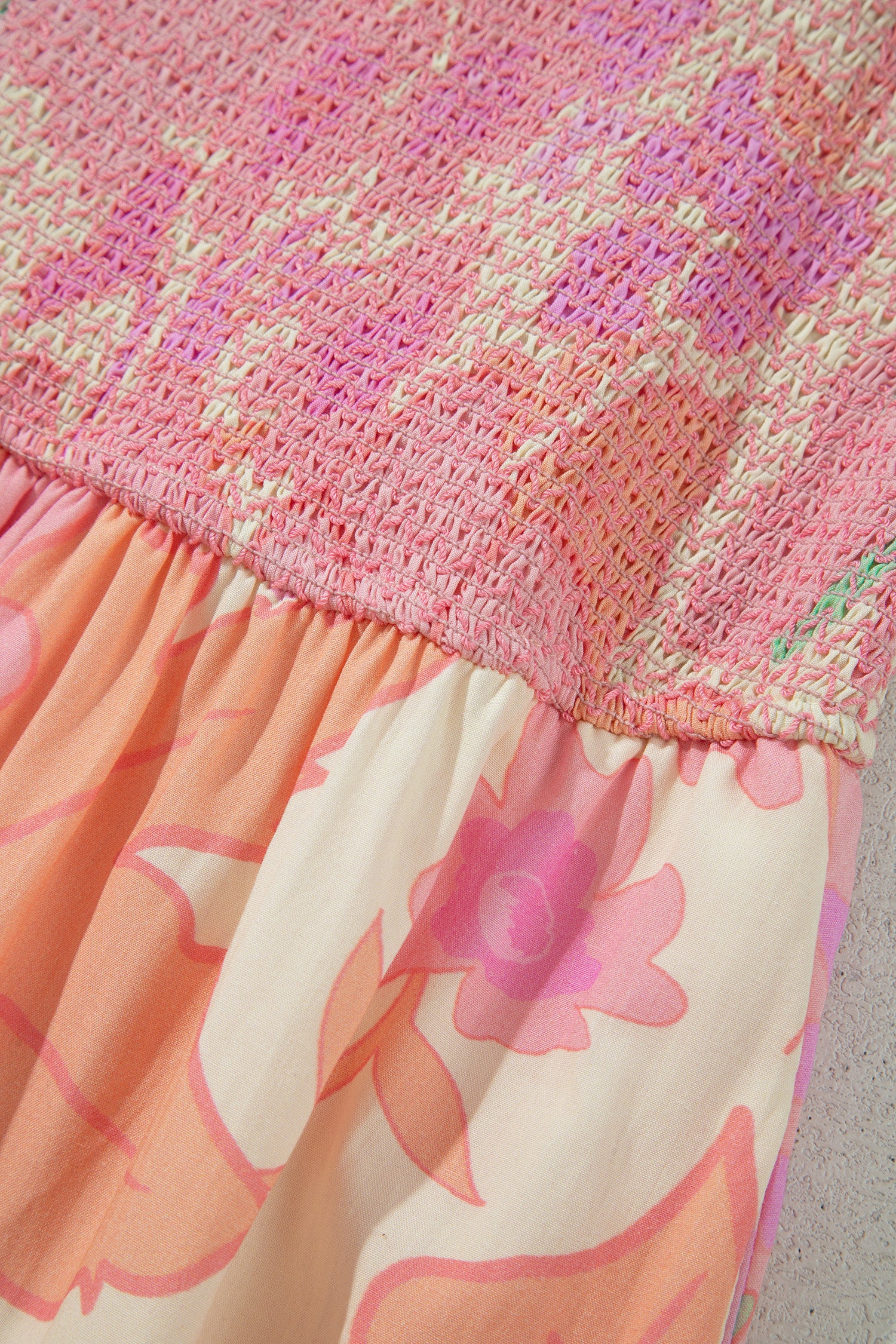 Pink Spaghetti Straps Floral Shirred High Waist Dress