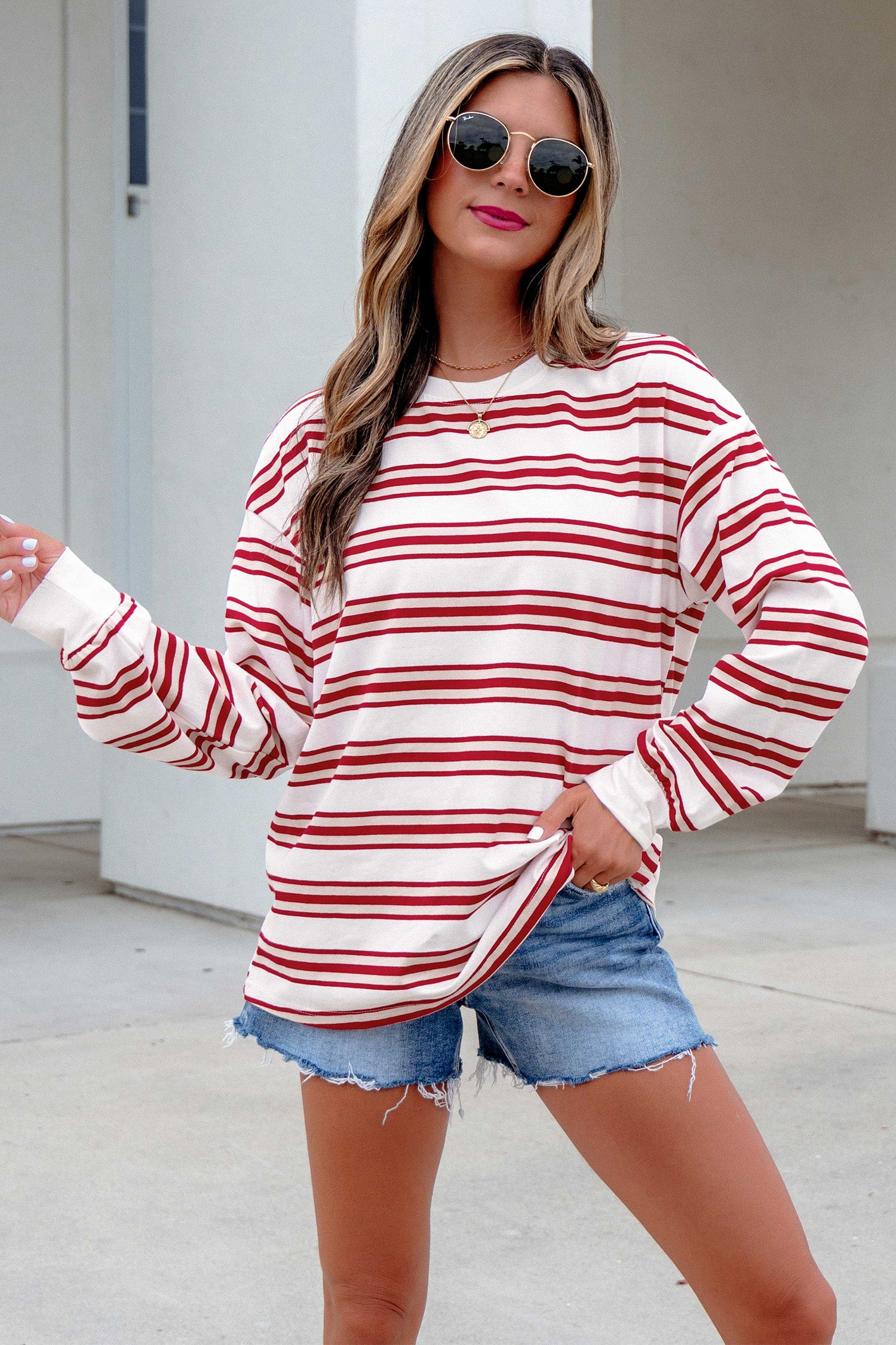 Red Stripe Dropped Shoulder Long Sleeve Casual Pullover Top