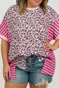 Pink Leopard Striped Contrast Patchwork Plus Size Tee