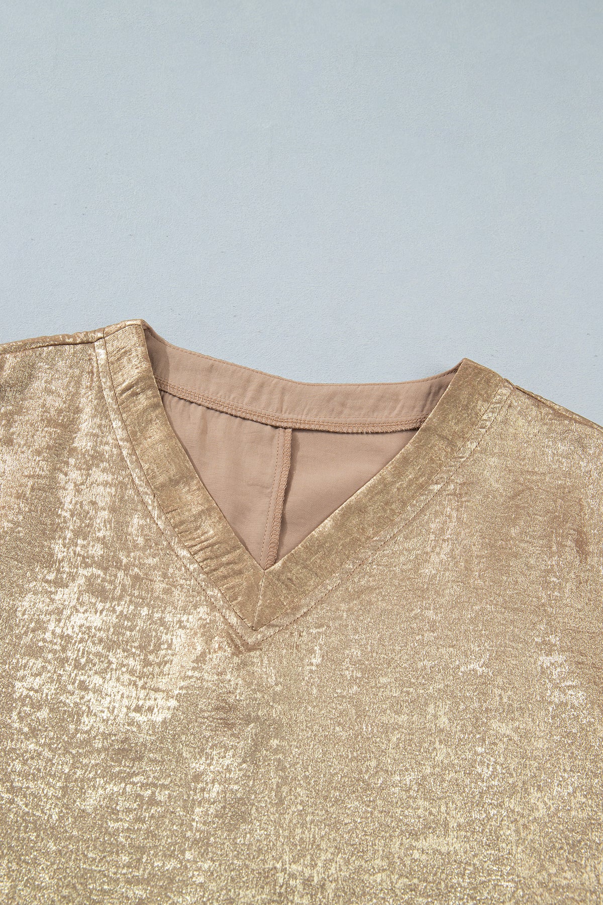 Parchment Metallic V Neck Button Cuffed Long Sleeve Dolman Blouse