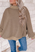 Khaki Stripe Ribbed Color Block Mock Neck Oversized Sweatshirt