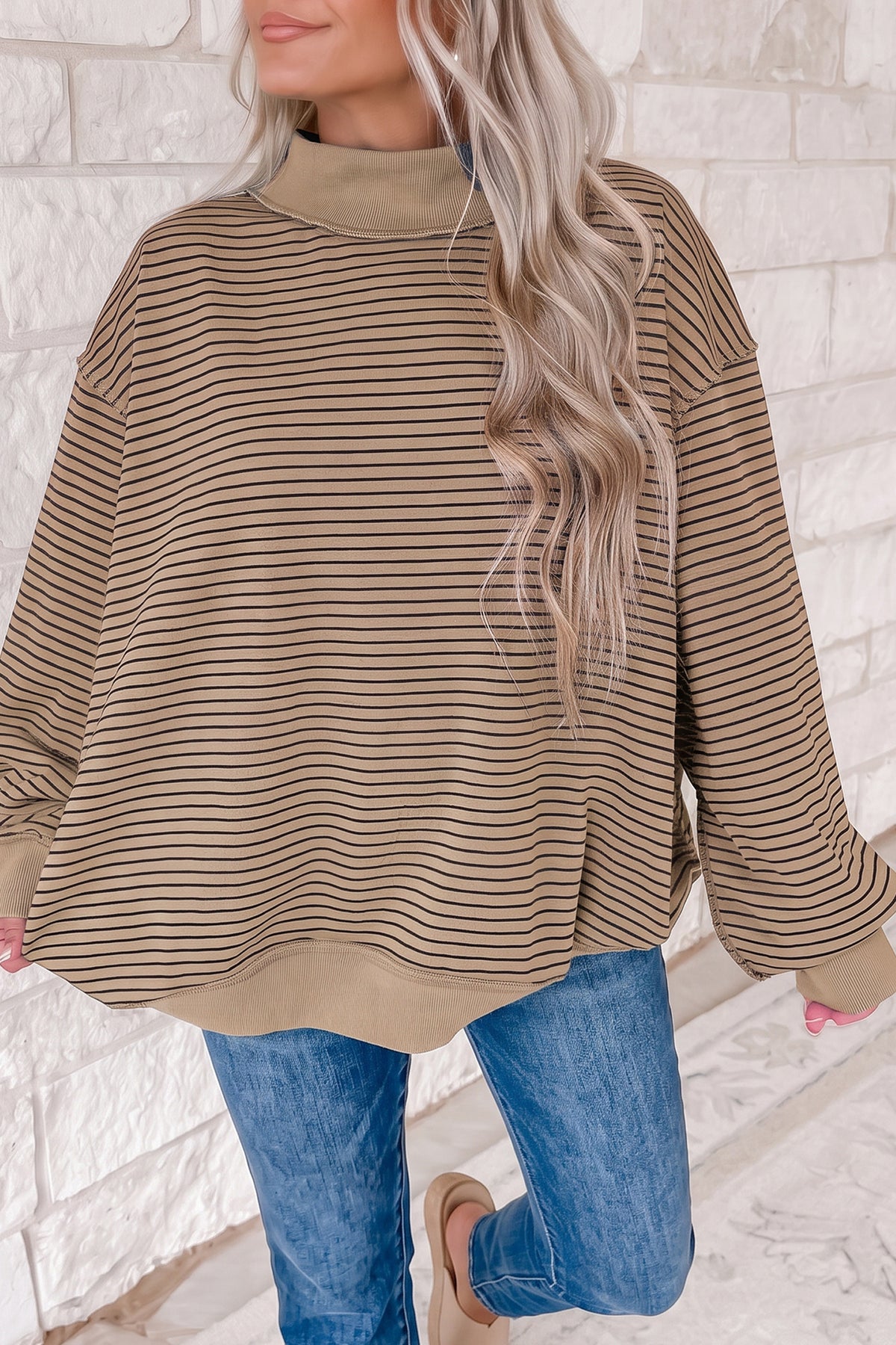Khaki Stripe Ribbed Color Block Mock Neck Oversized Sweatshirt