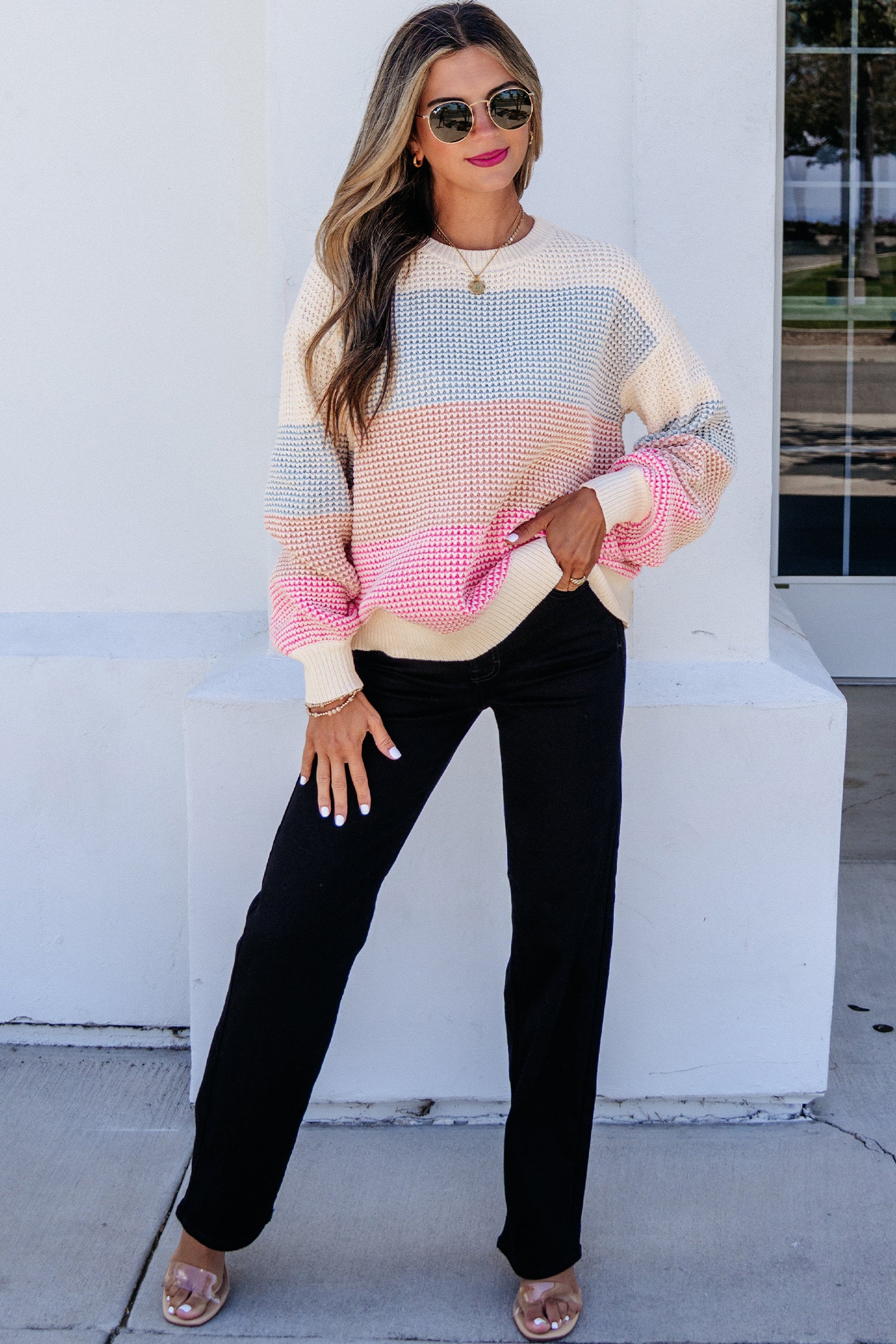 Light Blue Drop Shoulder Round Neck Long Sleeve Pullover Sweater