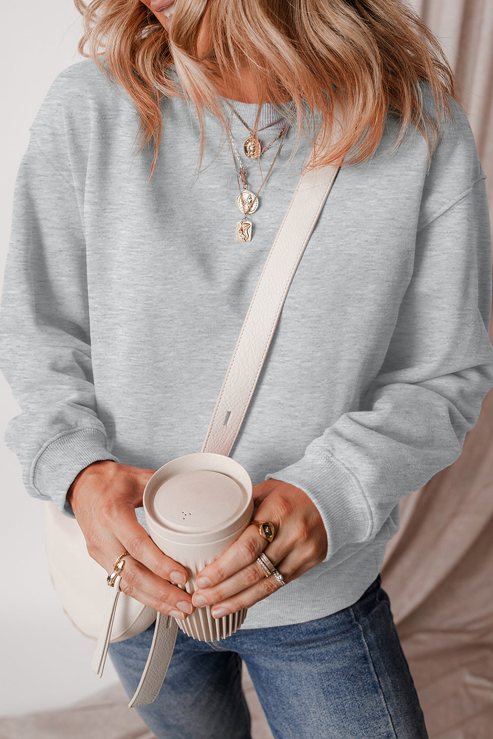 Black Solid Fleece Lined Drop Shoulder Terry Sweatshirt