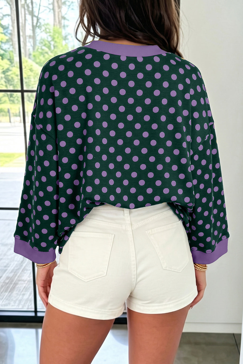 Green Polka Dot Print Contrast Trim Round Neck Bracelet Sleeve Top