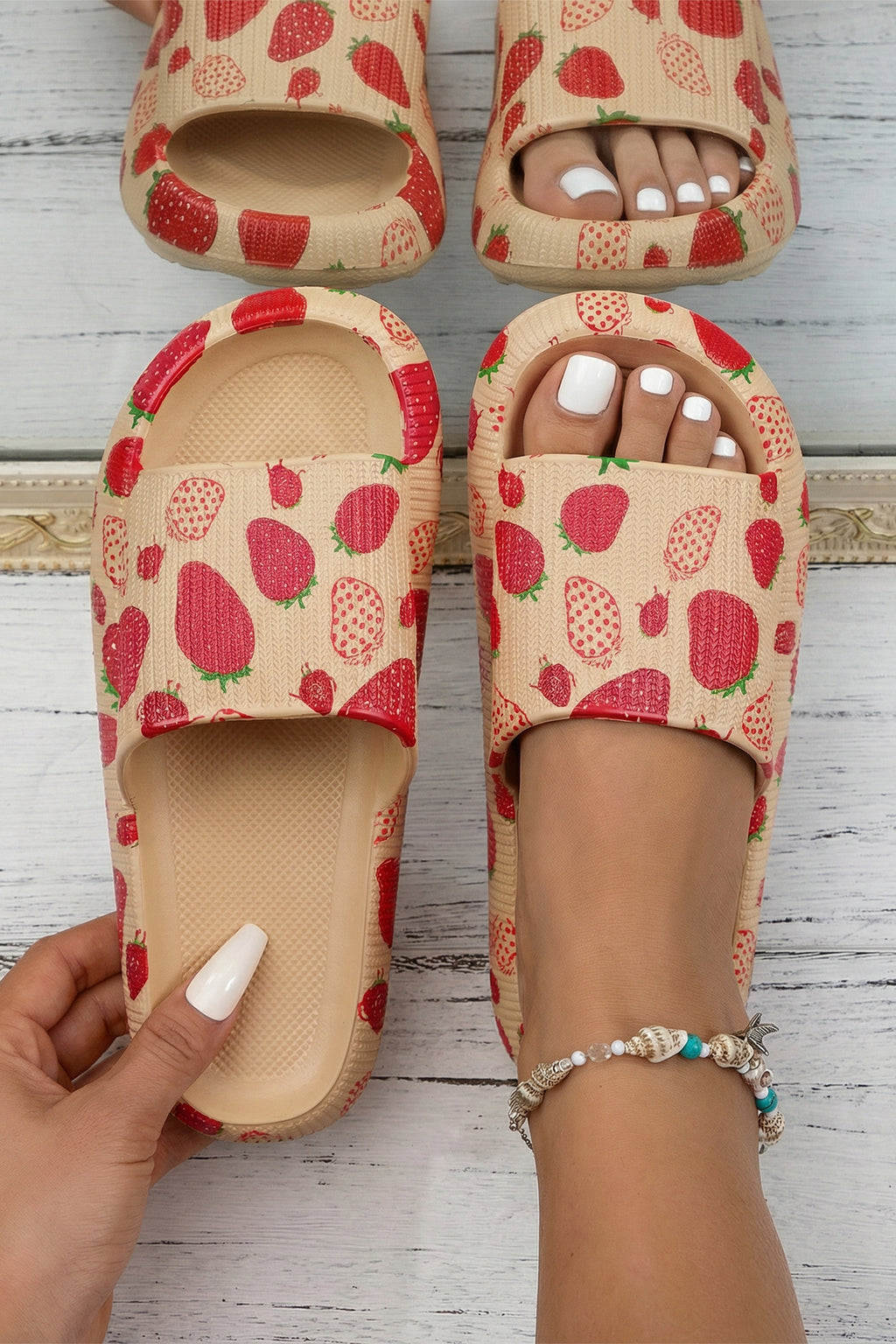 Light French Beige Strawberry Print EVA Daily Slippers