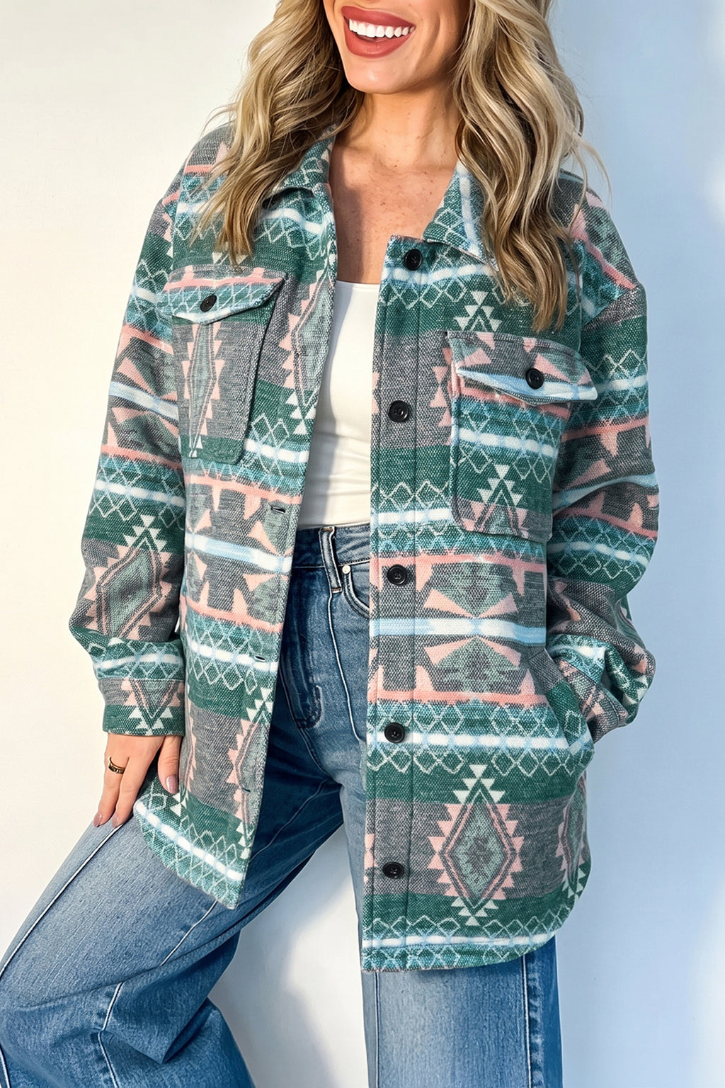 Green Geometric Print Button Front Long Sleeve Shacket
