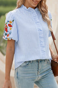 Sky Blue Stripe Floral Embroidered Puff Sleeve Ruffle Trim Shirt