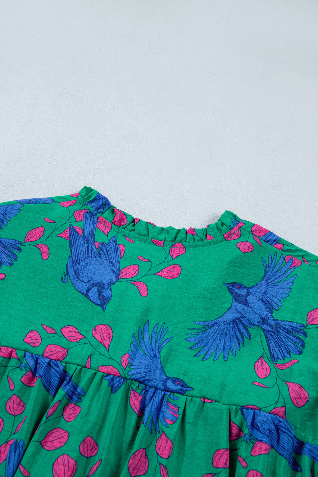 Green Abstract Print V Neck Flounced Puff Sleeve Blouse