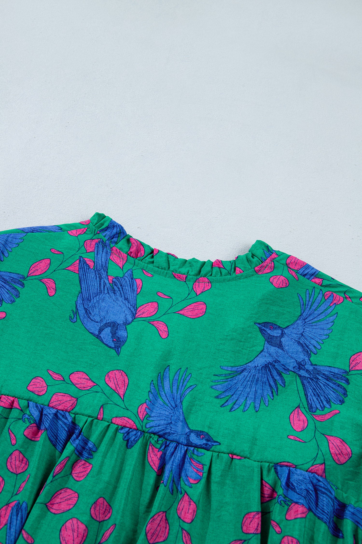 Green Abstract Print V Neck Flounced Puff Sleeve Blouse