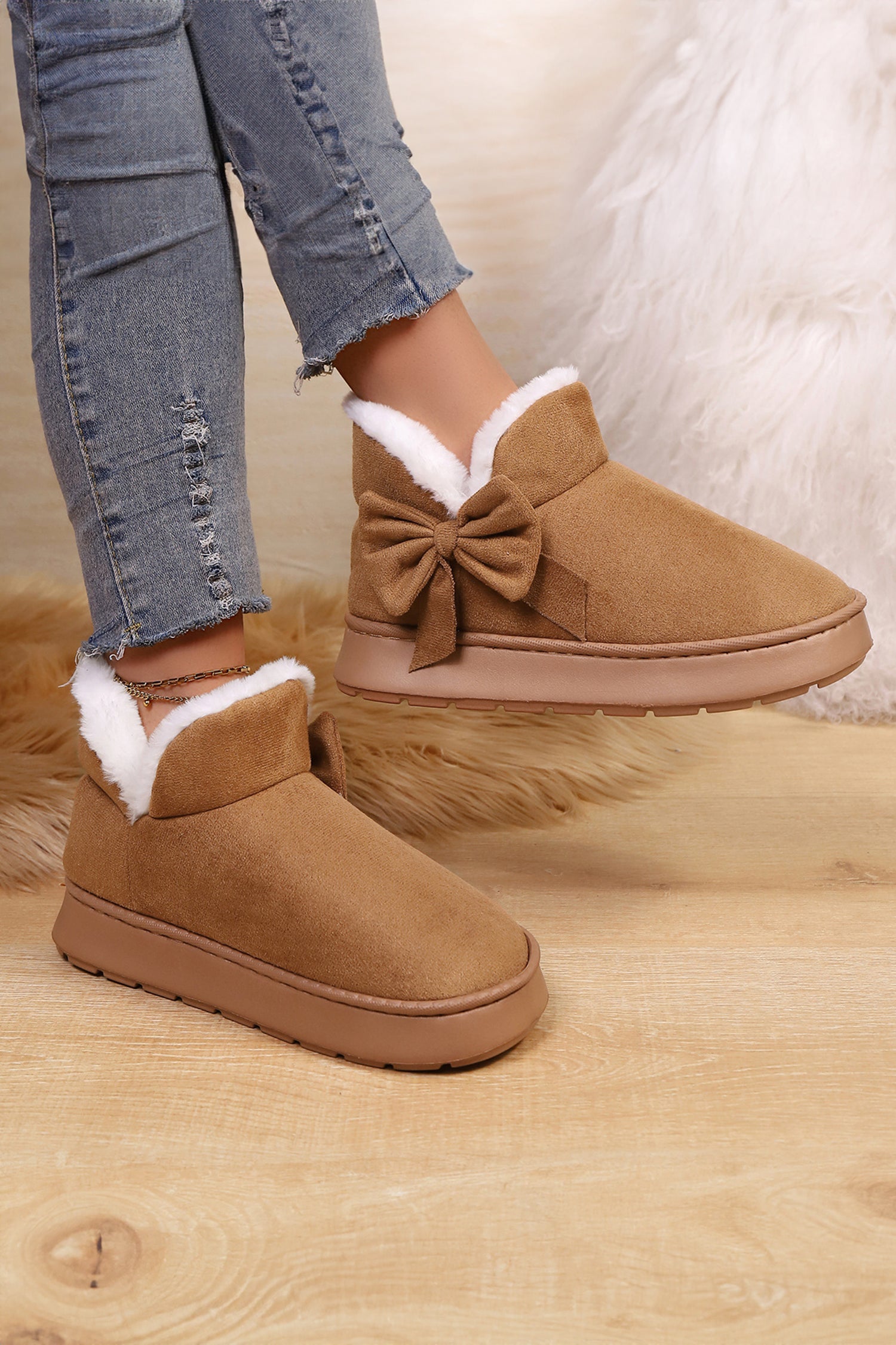 Brown Faux Suede Bow Decor Plush Lining Snow Booties