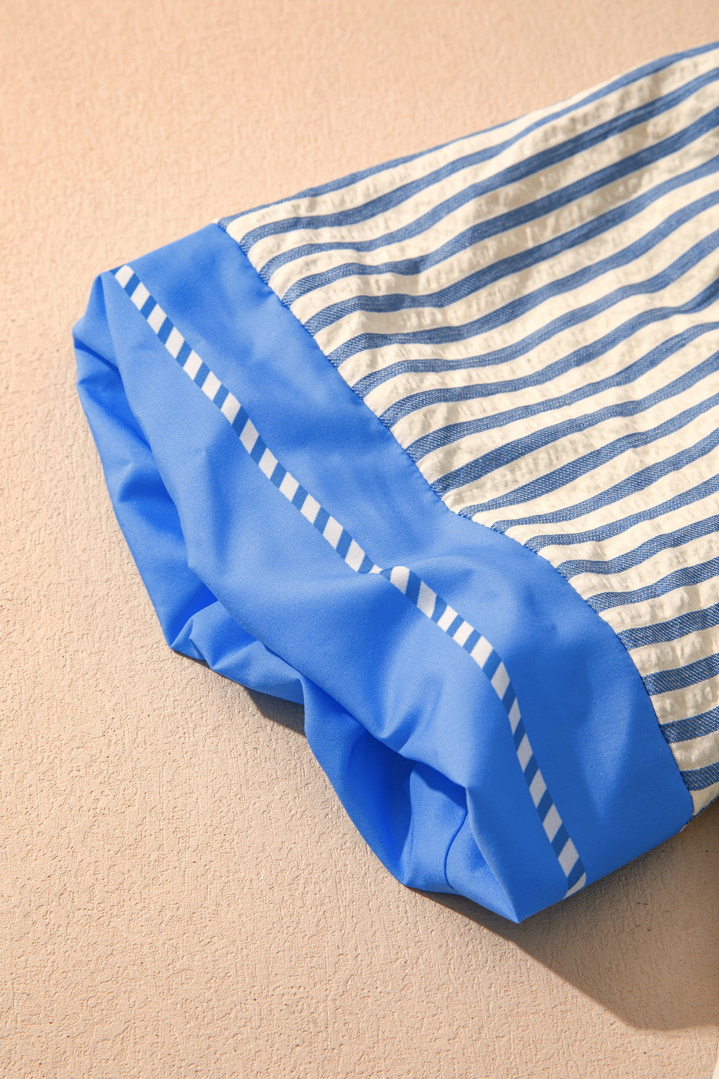 Sky Blue Stripe Color Block Detail V Neck Short Sleeve Blouse