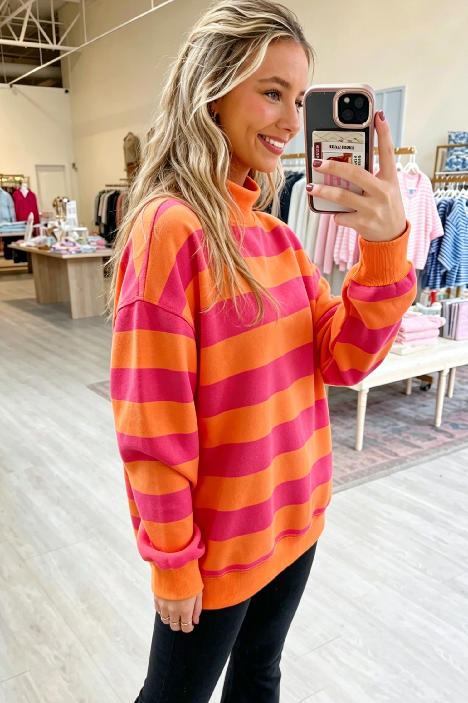 Rose Stripe Colorblock Mock Neck Relaxed Sweatshirt