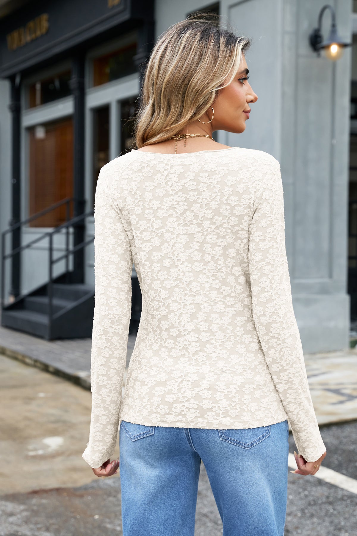 White Solid Color Floral Textured Long Sleeve Top