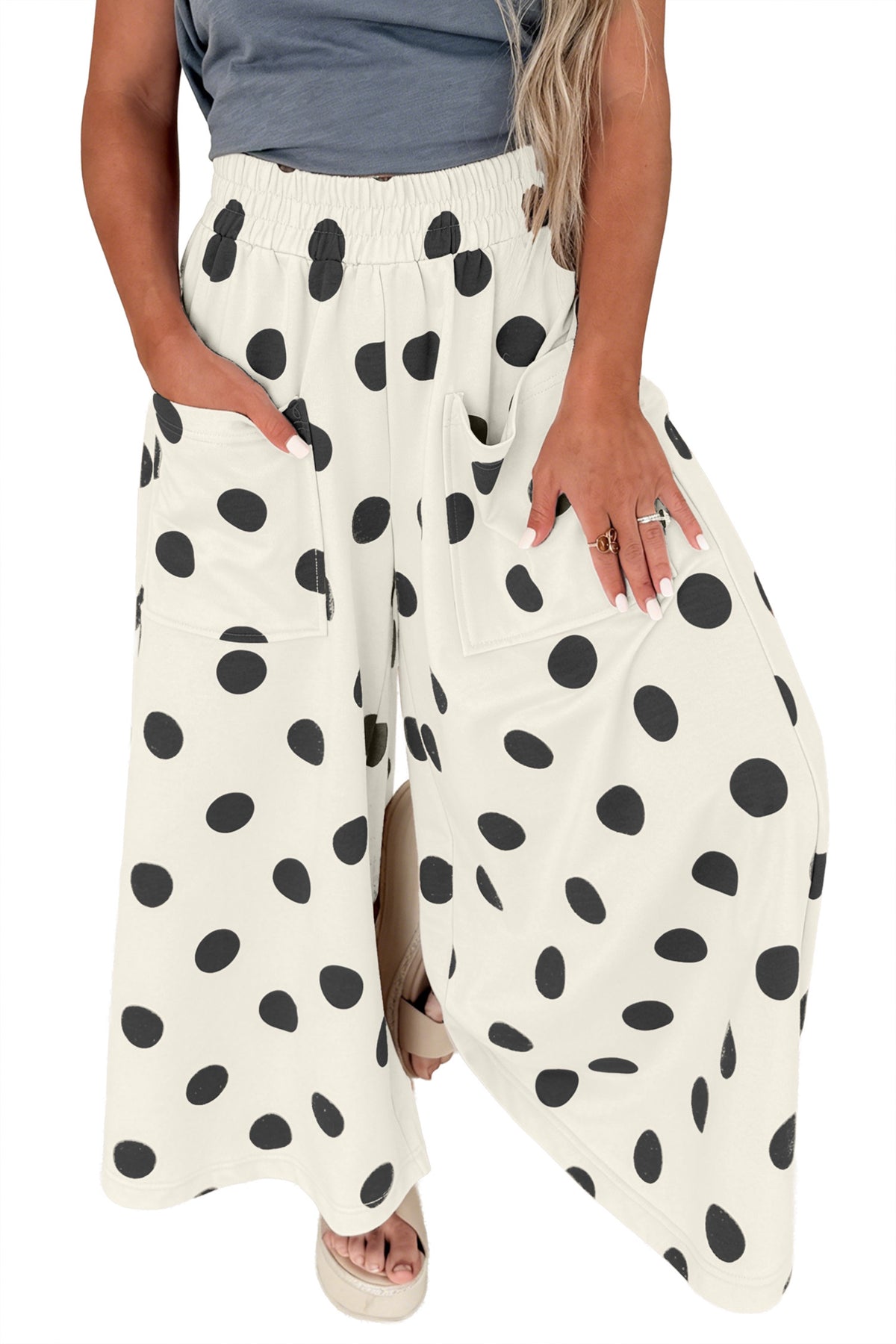 Sky Blue Polka Dot Wide Leg Elastic Waist Casual Pants