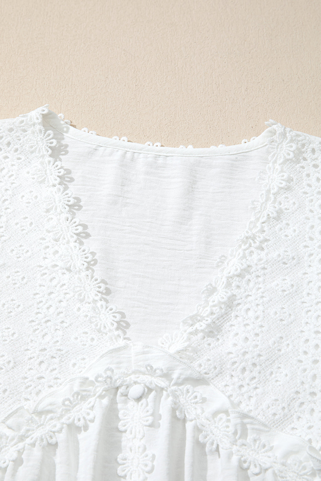 White Solid Color Floral Guipure Lace Patchwork Frilled Long Sleeve Blouse
