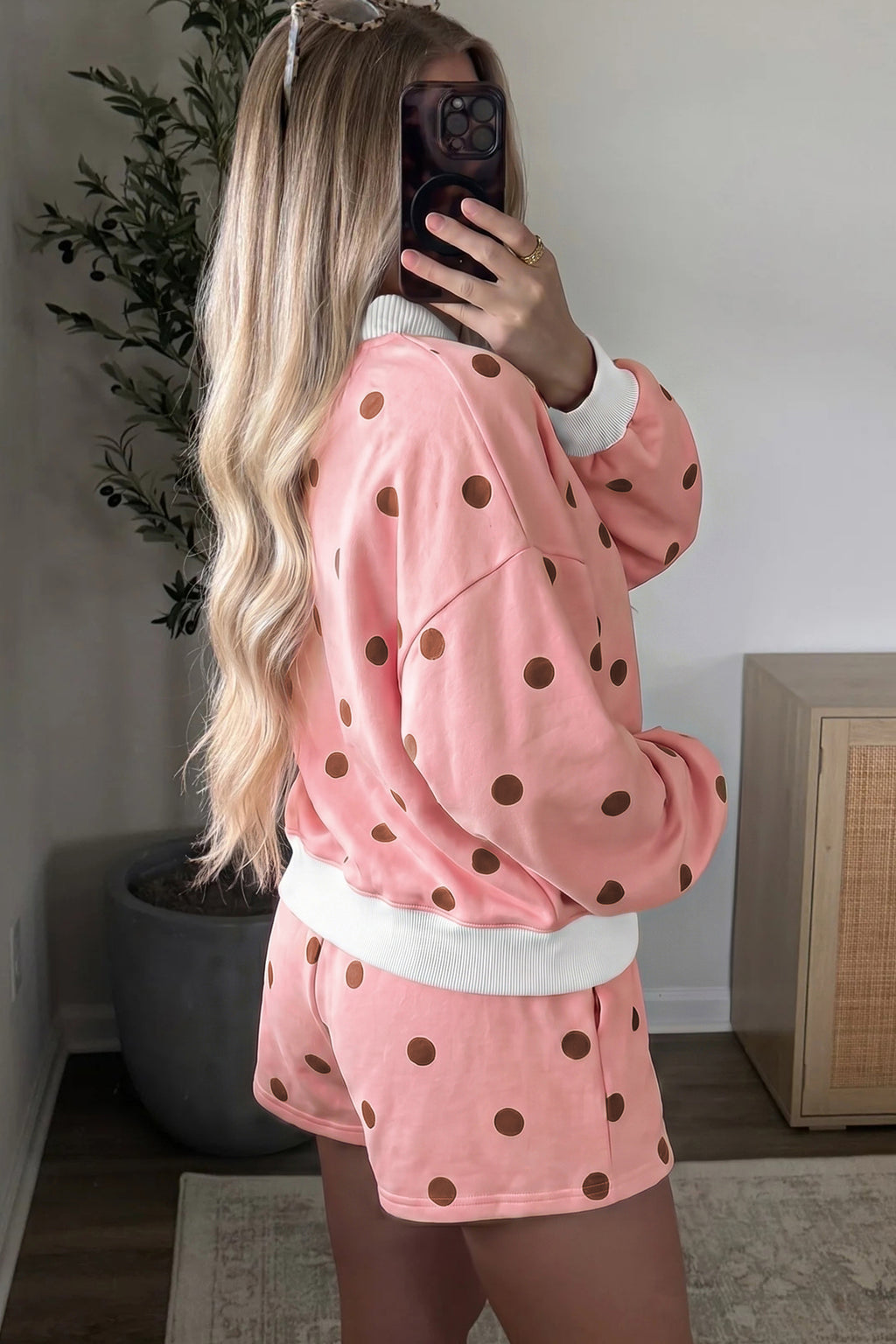 Brown Polka Dot Ribbed Trim Long Sleeve Top Casual Short Set