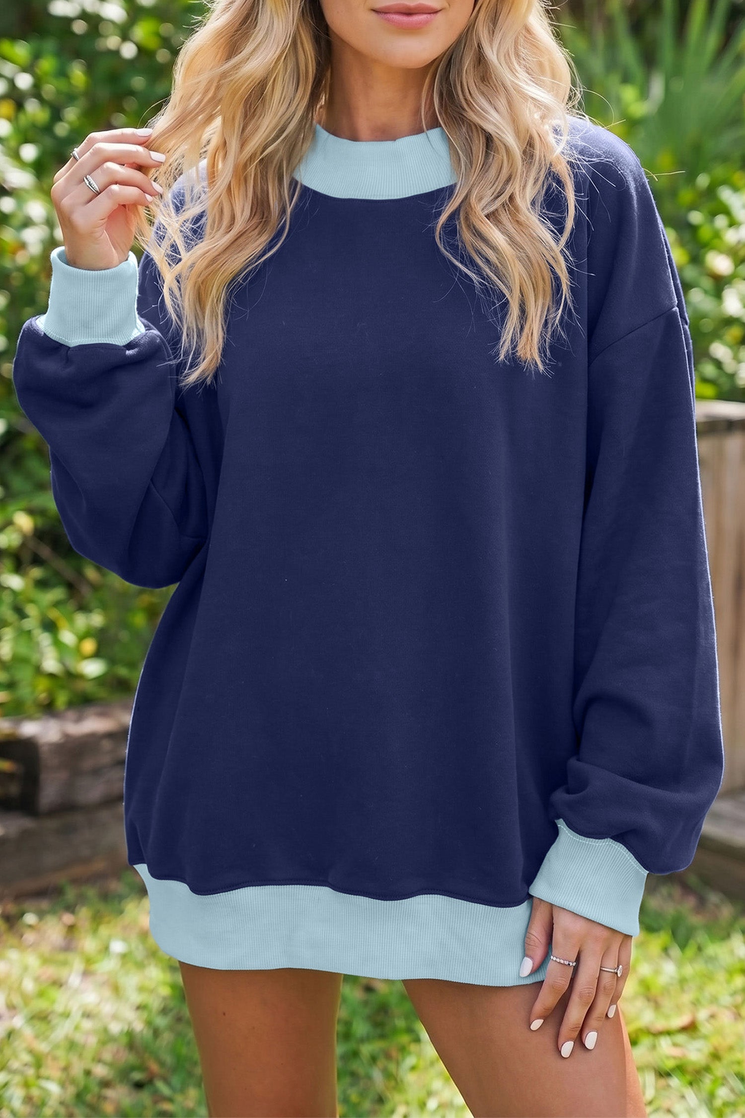 Pink Colorblock Trim Crewneck Long Sleeve Pullover Sweatshirt